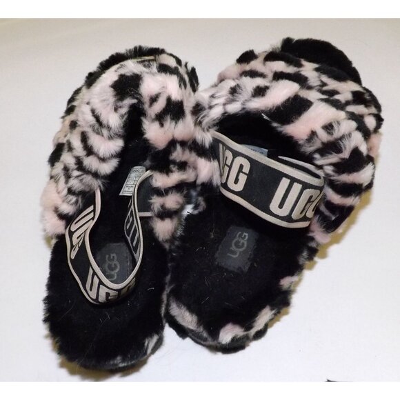 Size 7 UGG Fluff Yeah Animalia Slippers Black Neon Green & Pink Black Animal - Picture 7 of 12